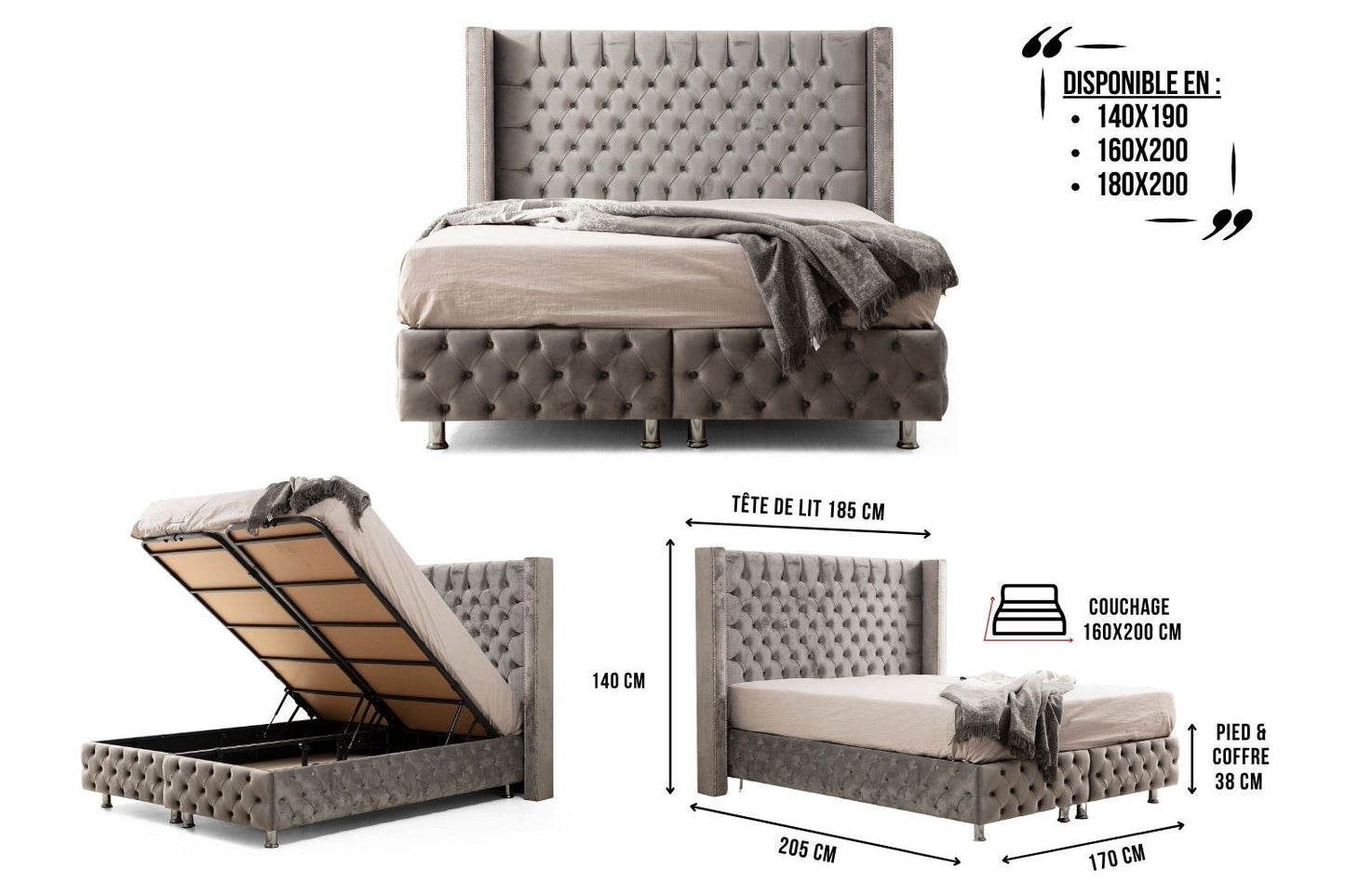 LIT COFFRE Clouté Gris