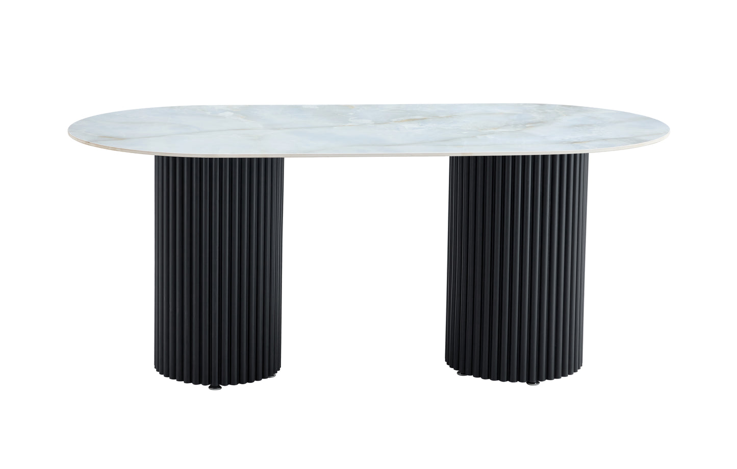 Table à manger « Keysha » pieds colonnes noir effet travertin plateau moka 180x90 cm