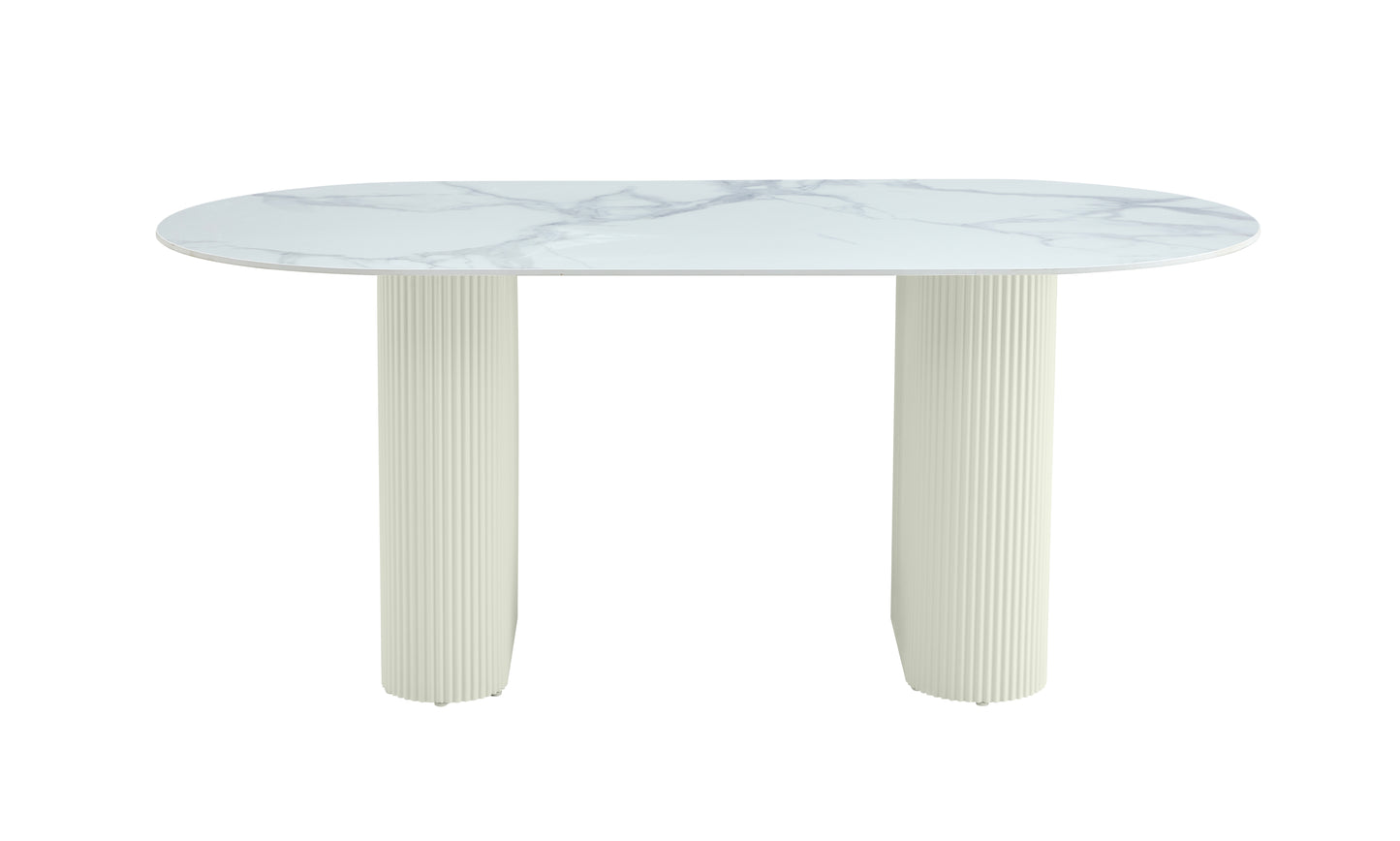 TABLE A MANGER SELENA PIED BEIGE PLATEAU CERAMIQUE MARBRE BLANC 180x90cm
