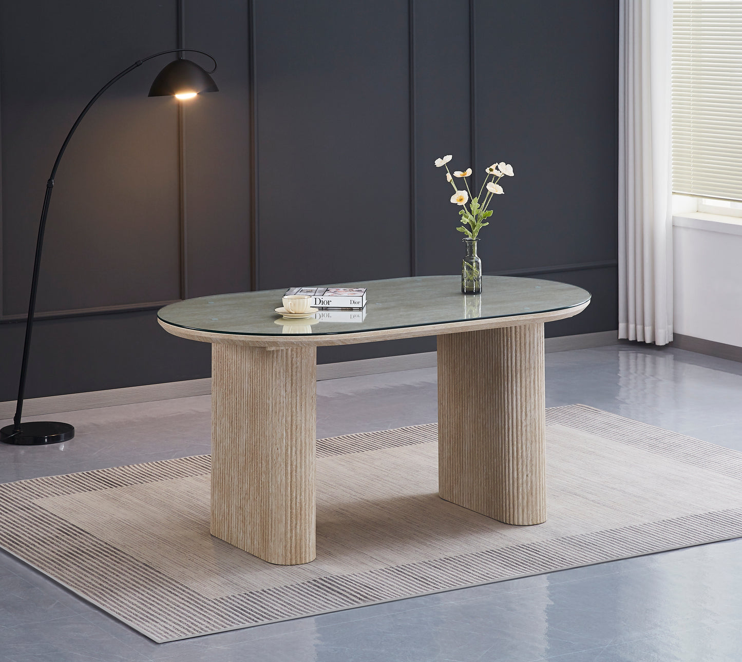 TABLE A MANGER ROXY EFFET TRAVERTIN PLATEAU TRANSPARENT 160X90X75