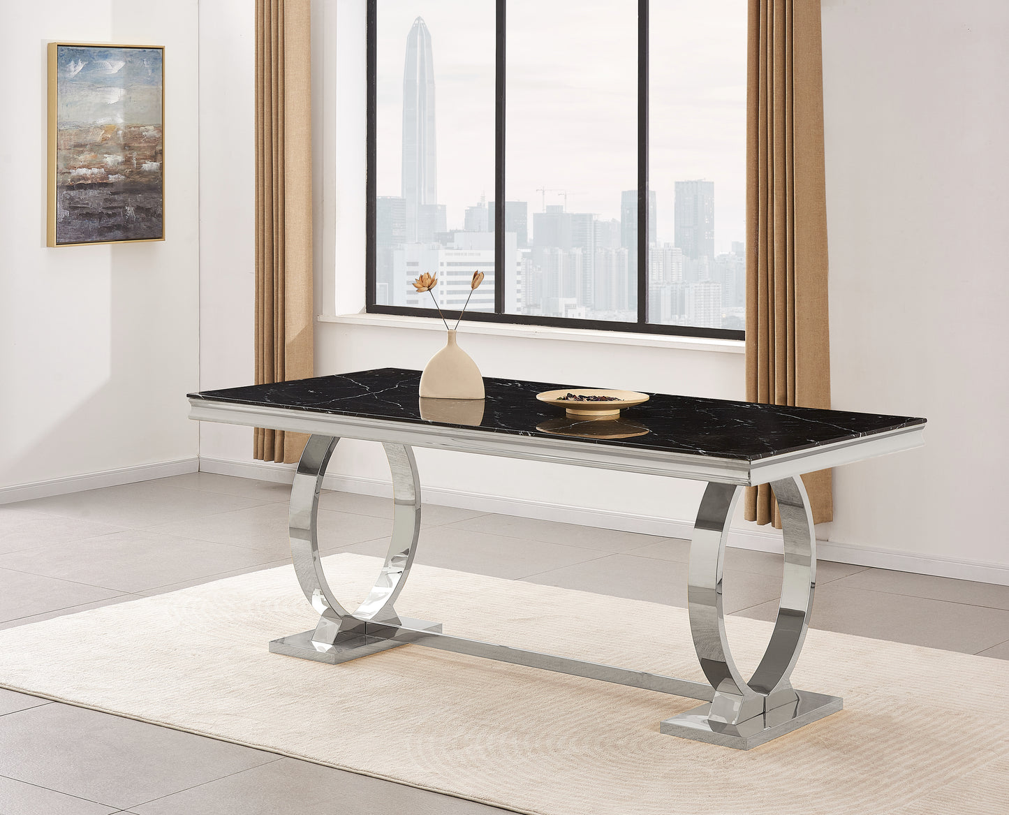 TABLE REPAS OMEGA CHROME MARBRE NOIR 180x90cm