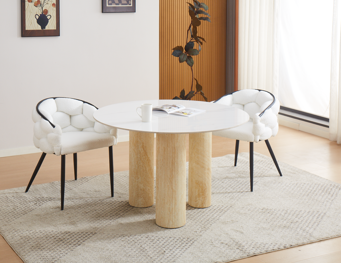 TABLE REPAS ANAÏS PIEDS METAL TRAVERTIN PLATEAU CERAMIQUE MARBRE BLANC 120 CM