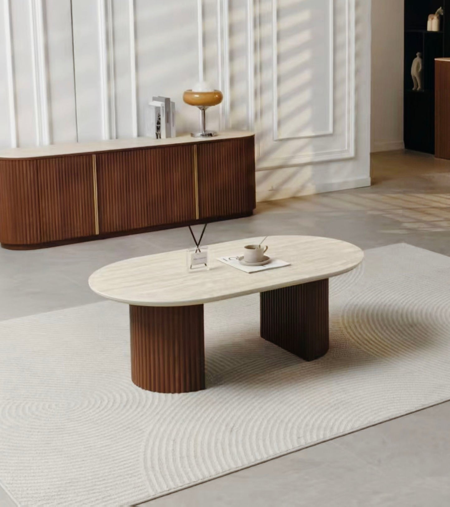 TABLE BASSE CALYPSO CERAMIQUE TRAVERTIN NOYER 120