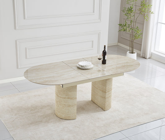 TABLE EXTENSIBLE SAHARA PIED EFFET TRAVERTIN PLATEAU CERAMIQUE TRAVERTIN BRILLANT 160/200x90x75cm