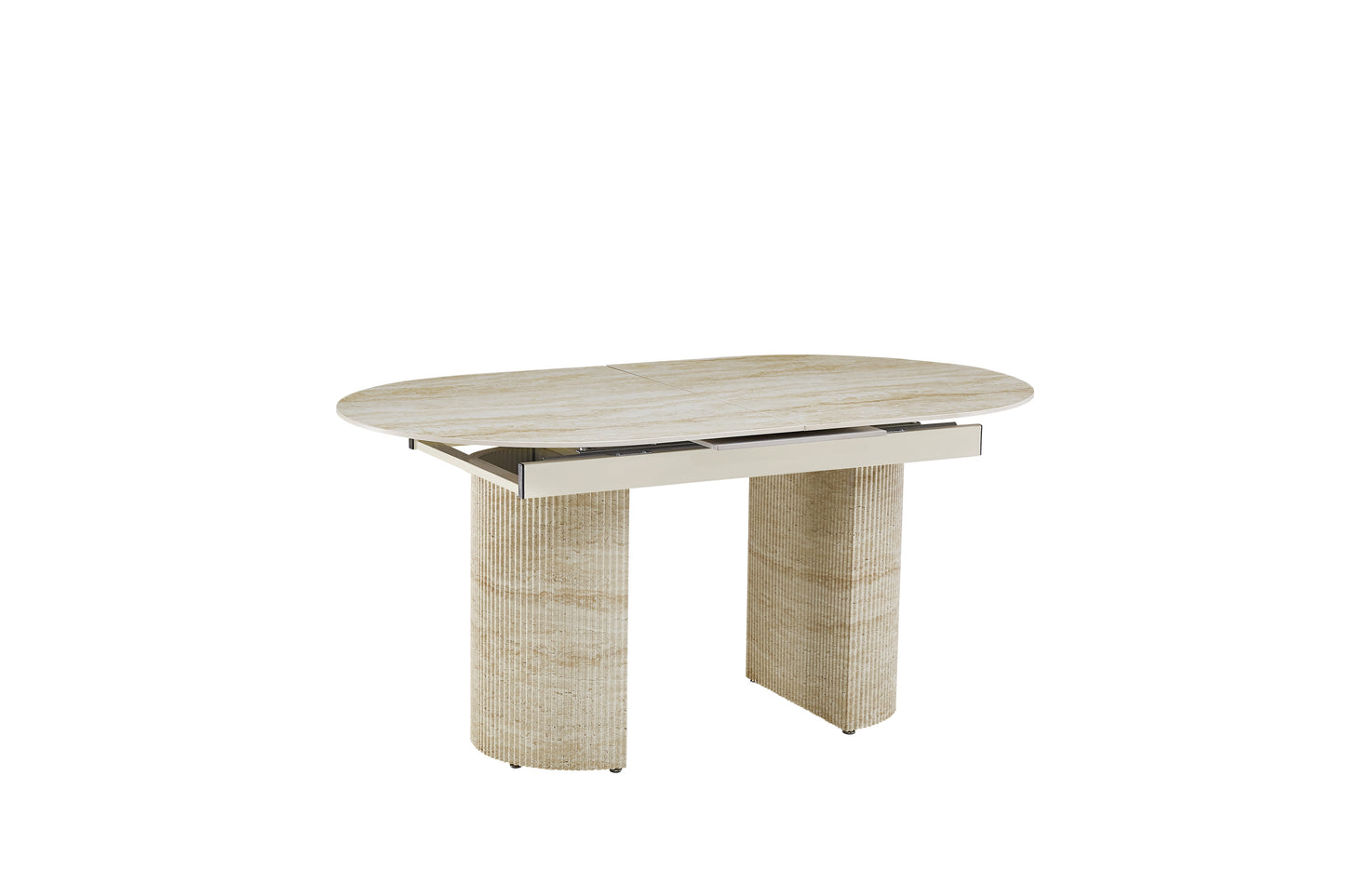TABLE EXTENSIBLE SAHARA PIED EFFET TRAVERTIN PLATEAU CERAMIQUE TRAVERTIN BRILLANT 160/200x90x75cm