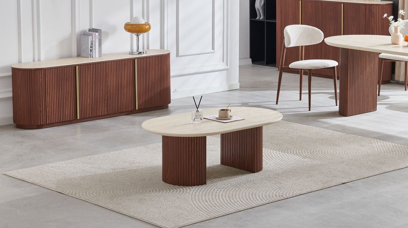 TABLE BASSE CALYPSO CERAMIQUE TRAVERTIN NOYER 120