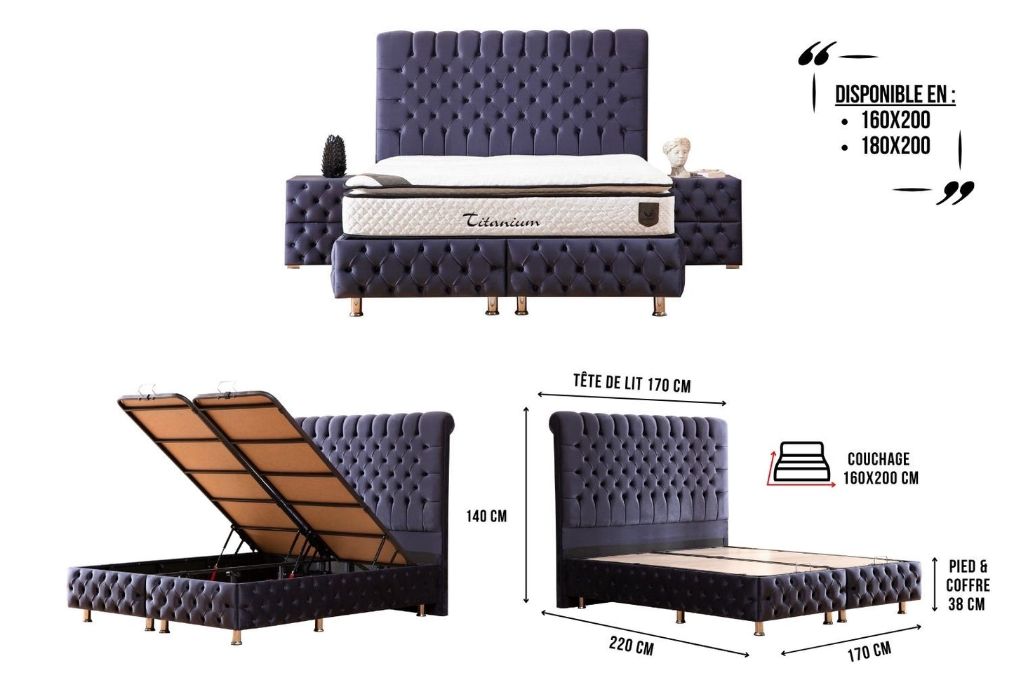 LIT COFFRE Luna Gris Anthracite