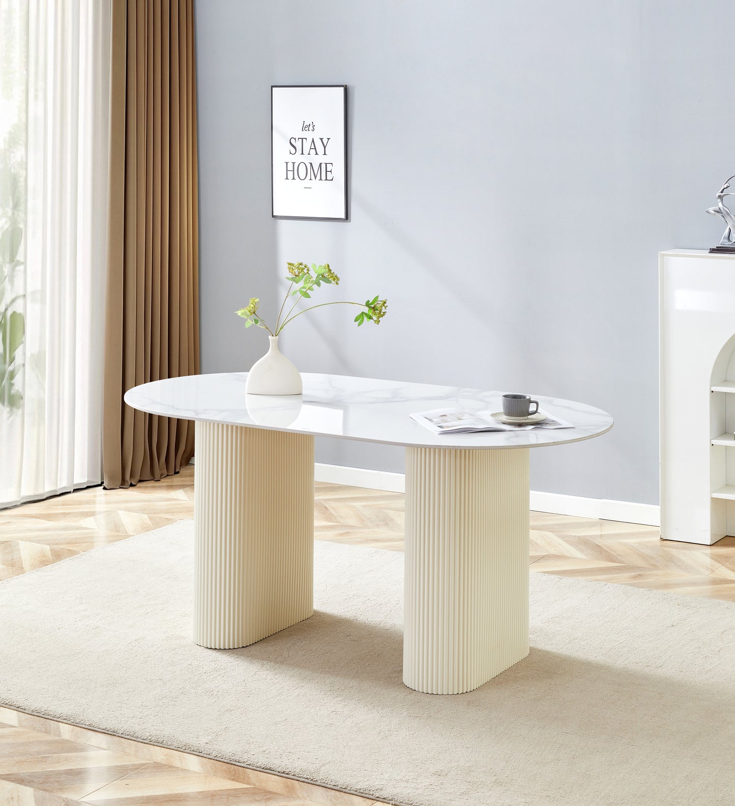 TABLE A MANGER SELENA PIED BEIGE PLATEAU CERAMIQUE MARBRE BLANC 180x90cm