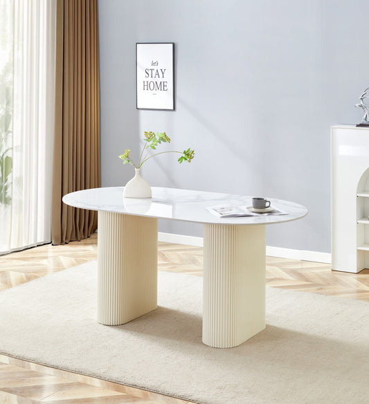 TABLE A MANGER SELENA PIED BEIGE PLATEAU CERAMIQUE MARBRE BLANC 180x90cm