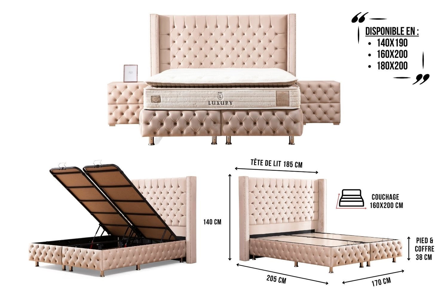 LIT COFFRE Clouté Beige