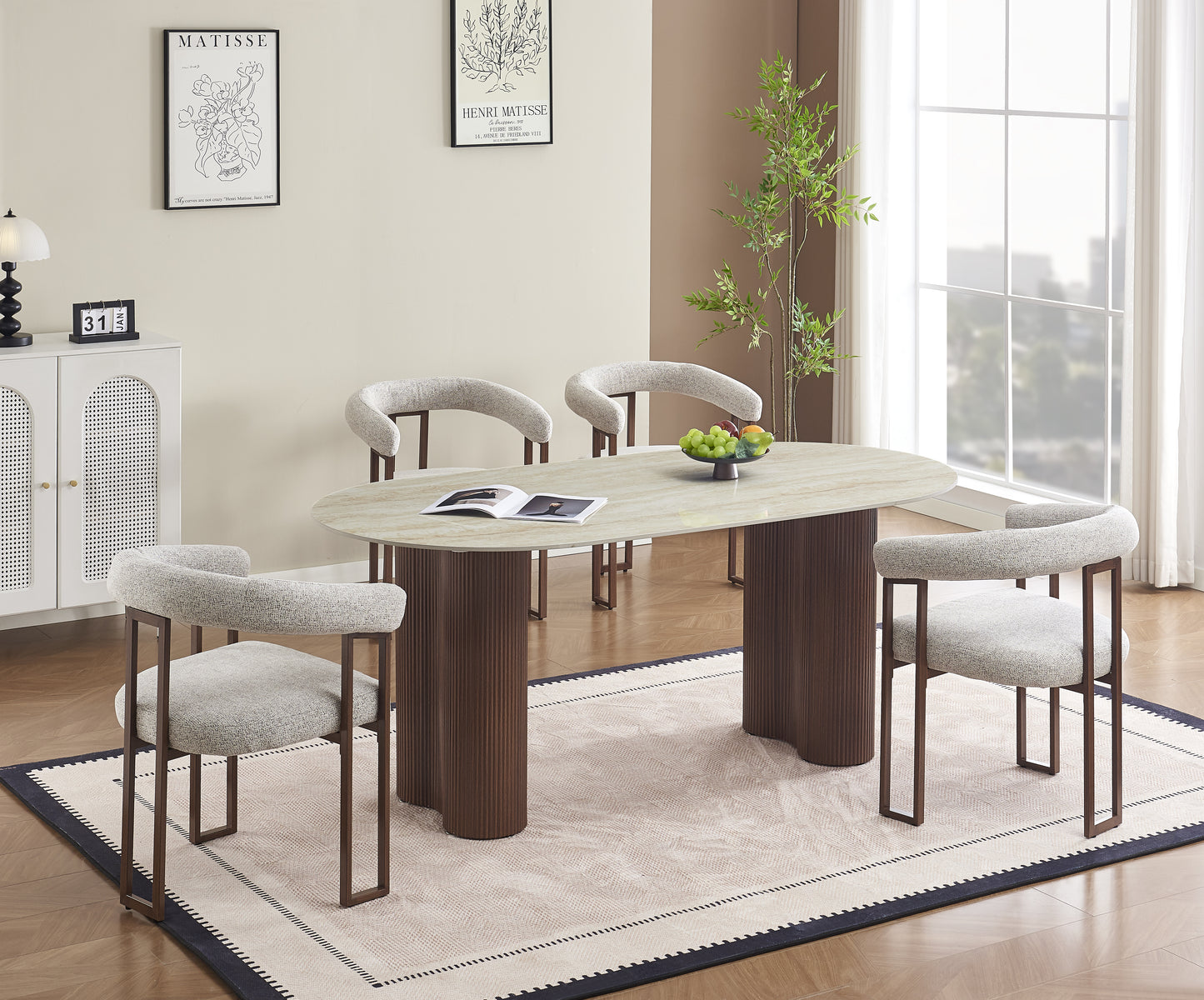 TABLE A MANGER VENEZIA PIED METAL EFFET NOYER CERAMIQUE TRAVERTIN BRILLANT 180x90x75cm