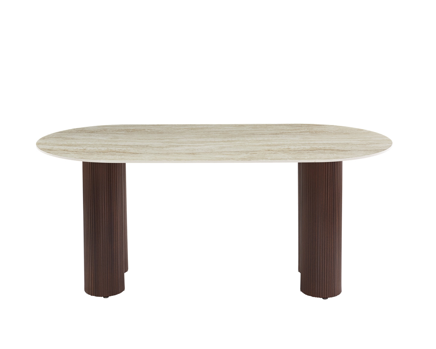 TABLE A MANGER VENEZIA PIED METAL EFFET NOYER CERAMIQUE TRAVERTIN BRILLANT 180x90x75cm