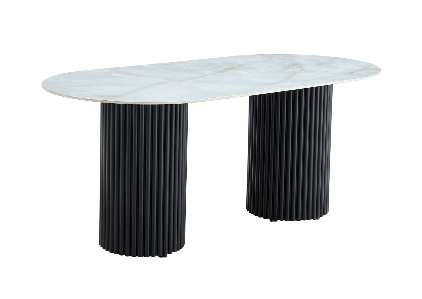 Table à manger « Keysha » pieds colonnes noir effet travertin plateau moka 180x90 cm
