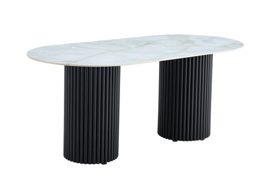 Table à manger « Keysha » pieds colonnes noir effet travertin plateau moka 180x90 cm