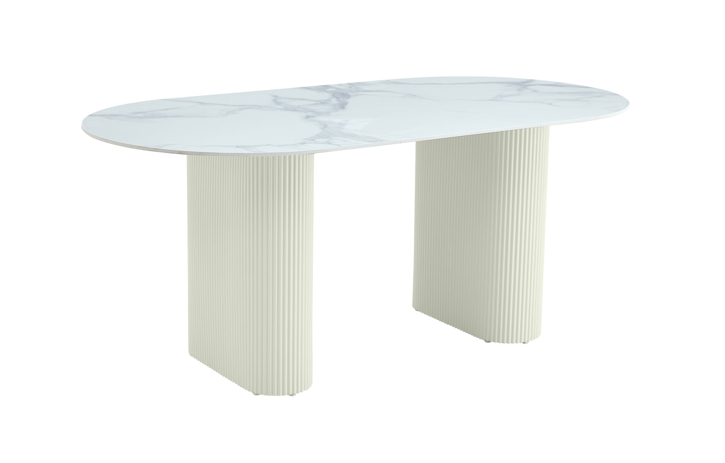 TABLE A MANGER SELENA PIED BEIGE PLATEAU CERAMIQUE MARBRE BLANC 180x90cm
