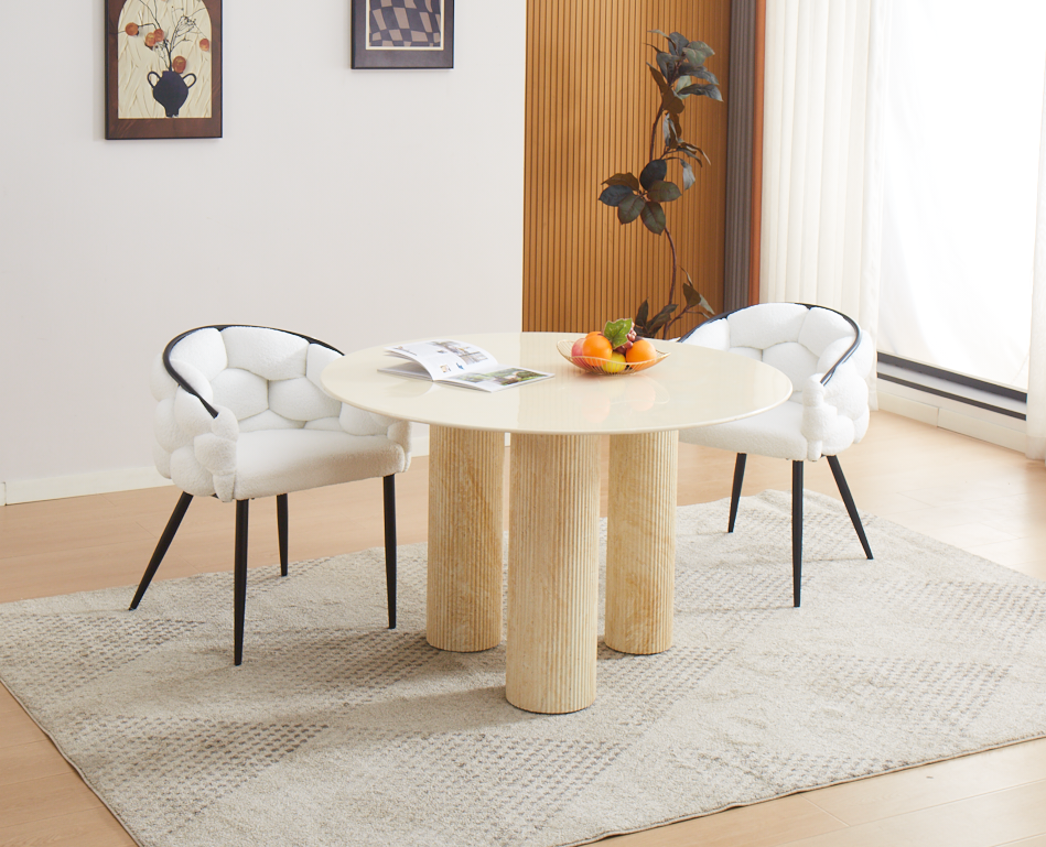 TABLE REPAS ANAÏS PIEDS METAL TRAVERTIN PLATEAU CERAMIQUE BEIGE