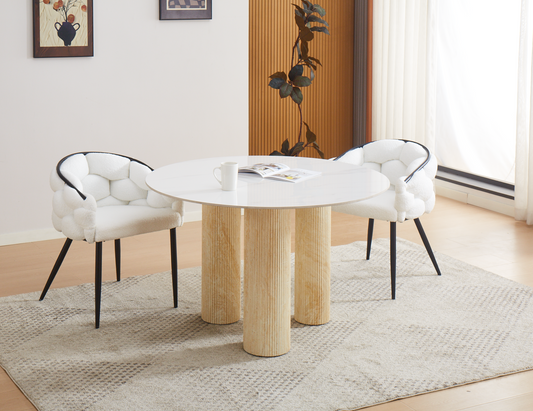 TABLE REPAS ANAÏS PIEDS METAL TRAVERTIN PLATEAU CERAMIQUE MARBRE BLANC 120 CM