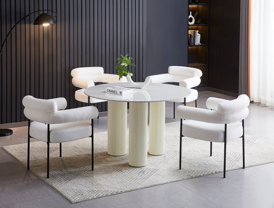 TABLE REPAS ANAÏS PIEDS BEIGE PLATEAU CERAMIQUE MARBRE BLANC 120CM