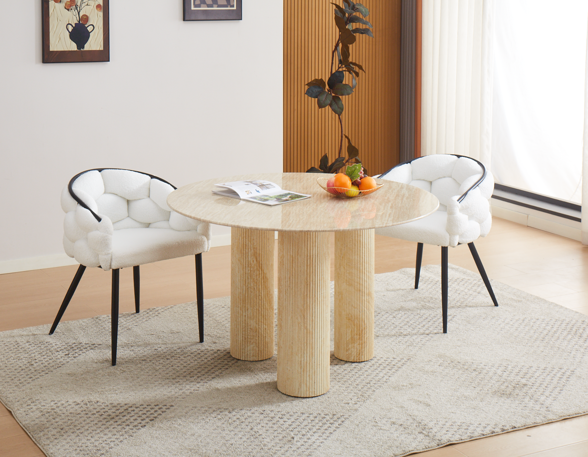 TABLE REPAS ANAÏS PIEDS METAL  TRAVERTIN PLATEAU CERAMIQUE TRAVERTIN 120 CM