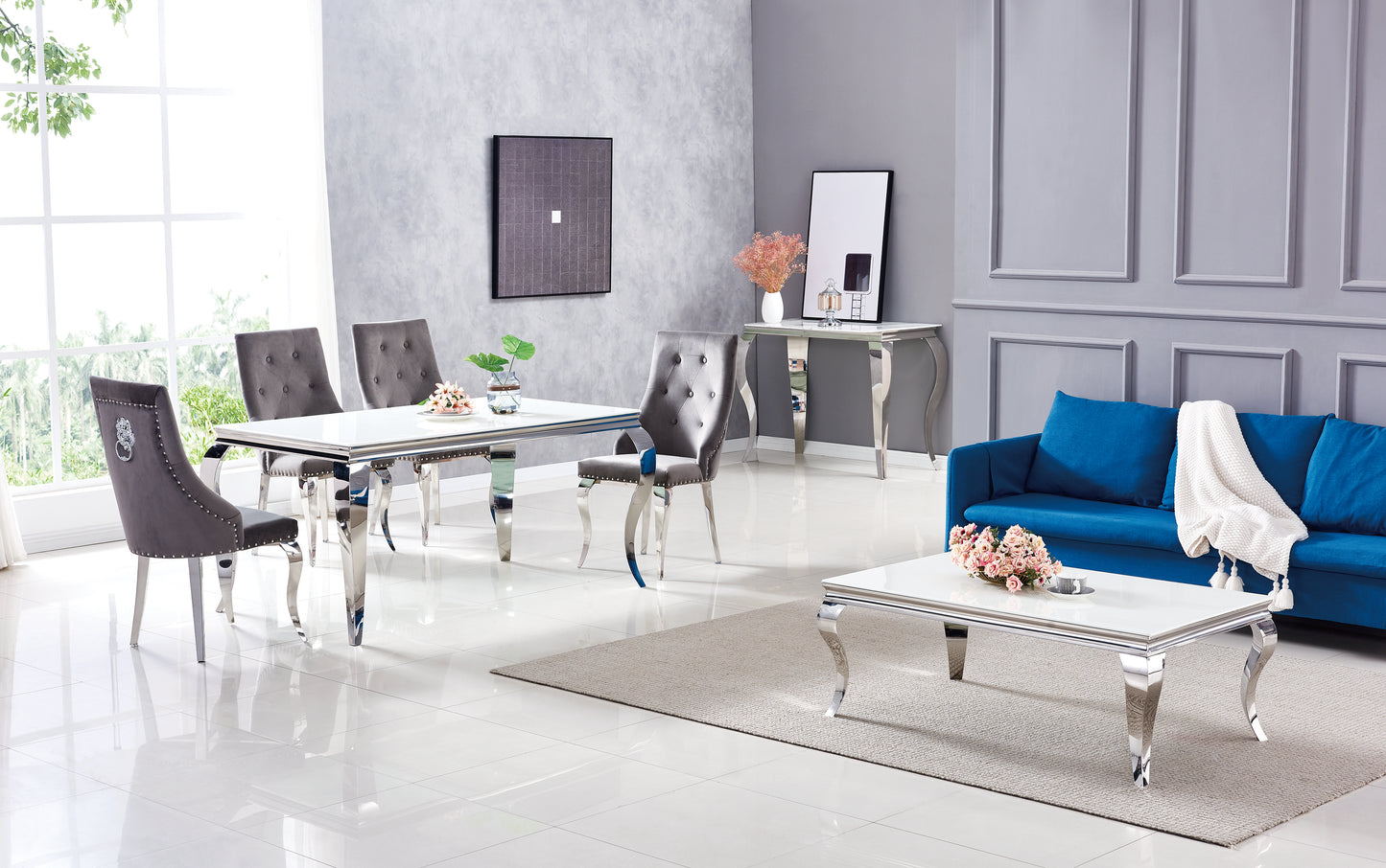 TABLE REPAS BAROQUE CHROME RESINE BLANCHE 150x90x75 cm