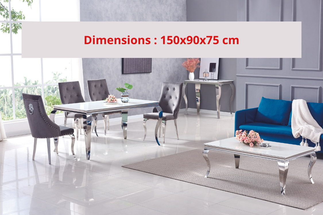 TABLE REPAS BAROQUE CHROME RESINE BLANCHE 150x90x75 cm