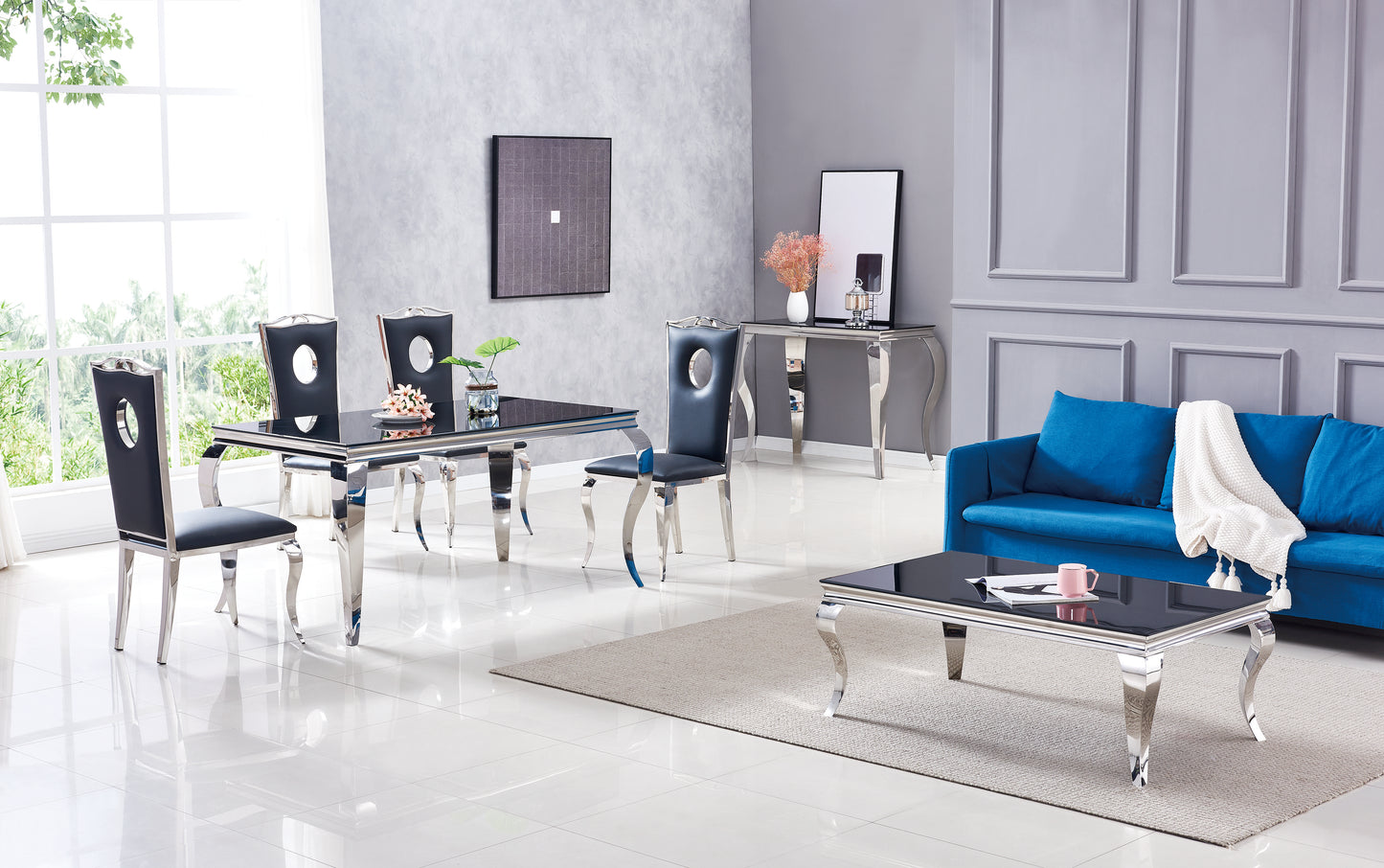 TABLE REPAS BAROQUE CHROME NOIR 150x90x75 cm