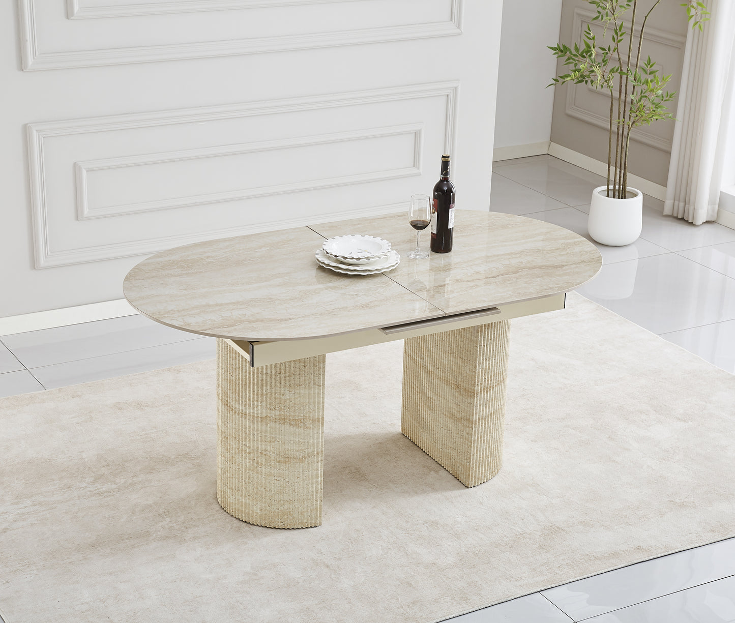 TABLE EXTENSIBLE SAHARA PIED EFFET TRAVERTIN PLATEAU CERAMIQUE TRAVERTIN BRILLANT 160/200x90x75cm