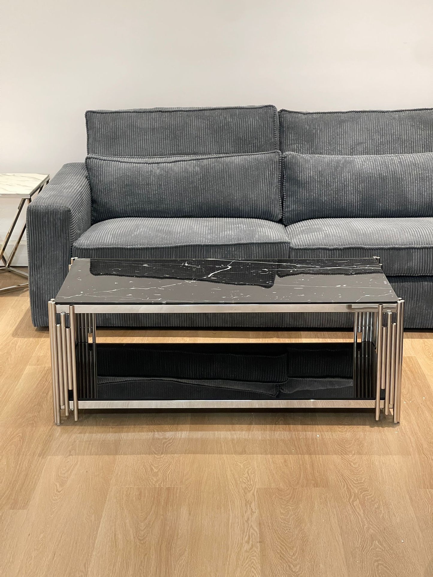 TABLE BASSE FLUTE CHROME VERRE MARBRE NOIR ET VERRE NOIR 120X60X45