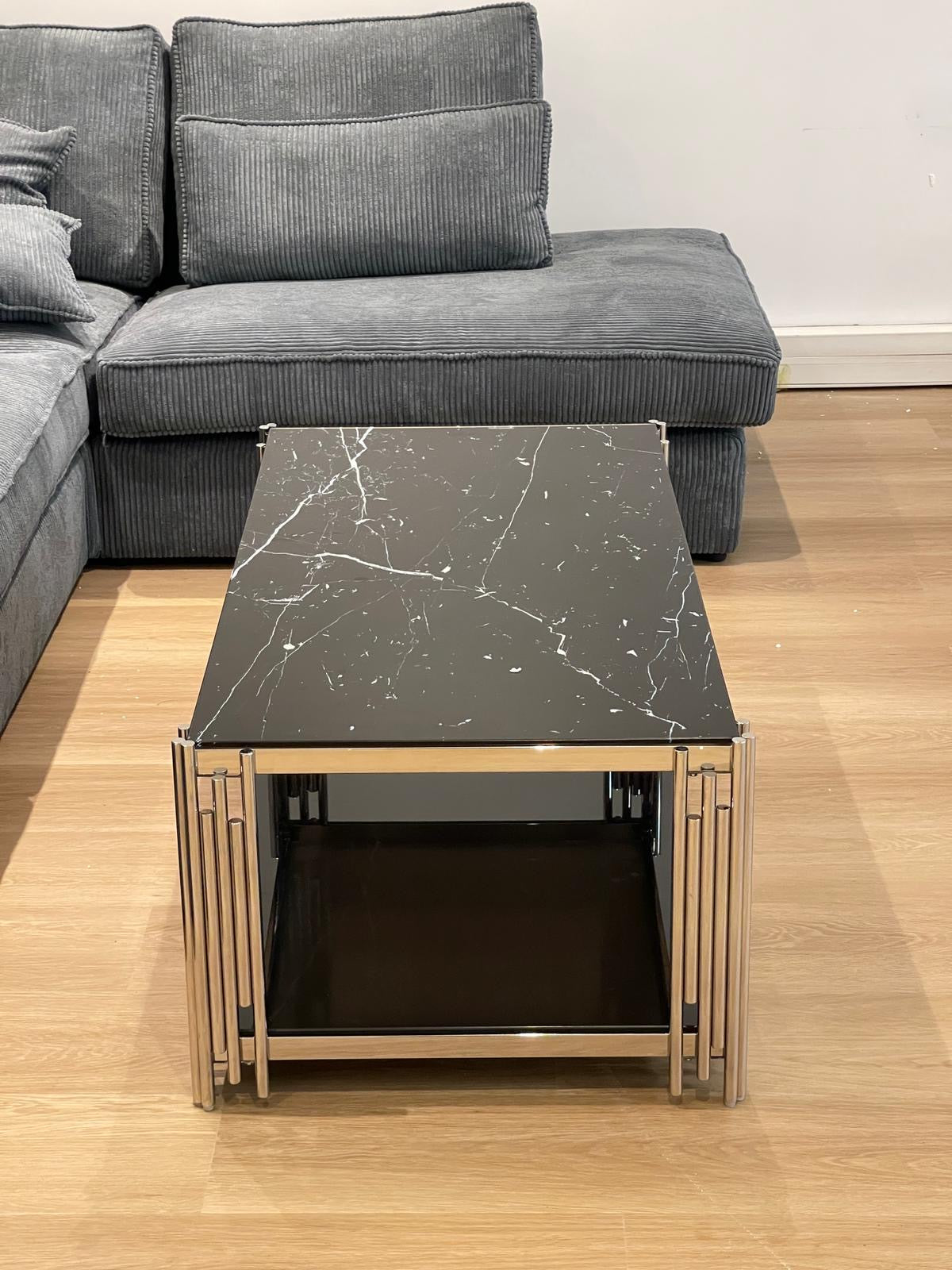 TABLE BASSE FLUTE CHROME VERRE MARBRE NOIR ET VERRE NOIR 120X60X45