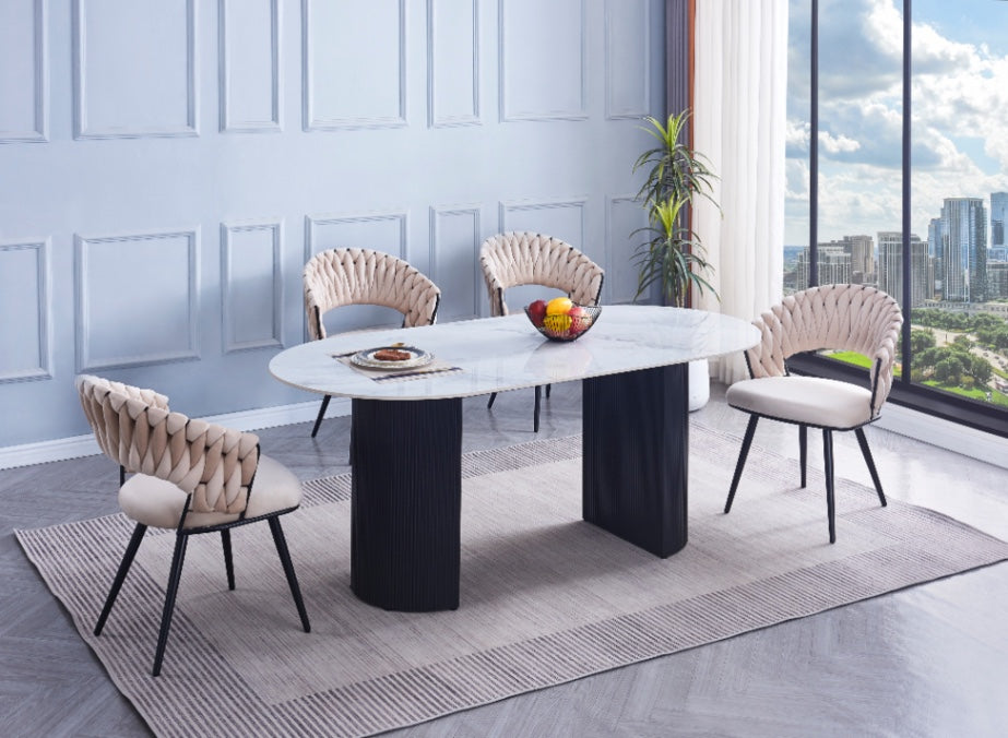 TABLE A MANGER ANNA PIED NOIR PLATEAU EN CERAMIQUE MARRBE BLANC 180x90x75CM